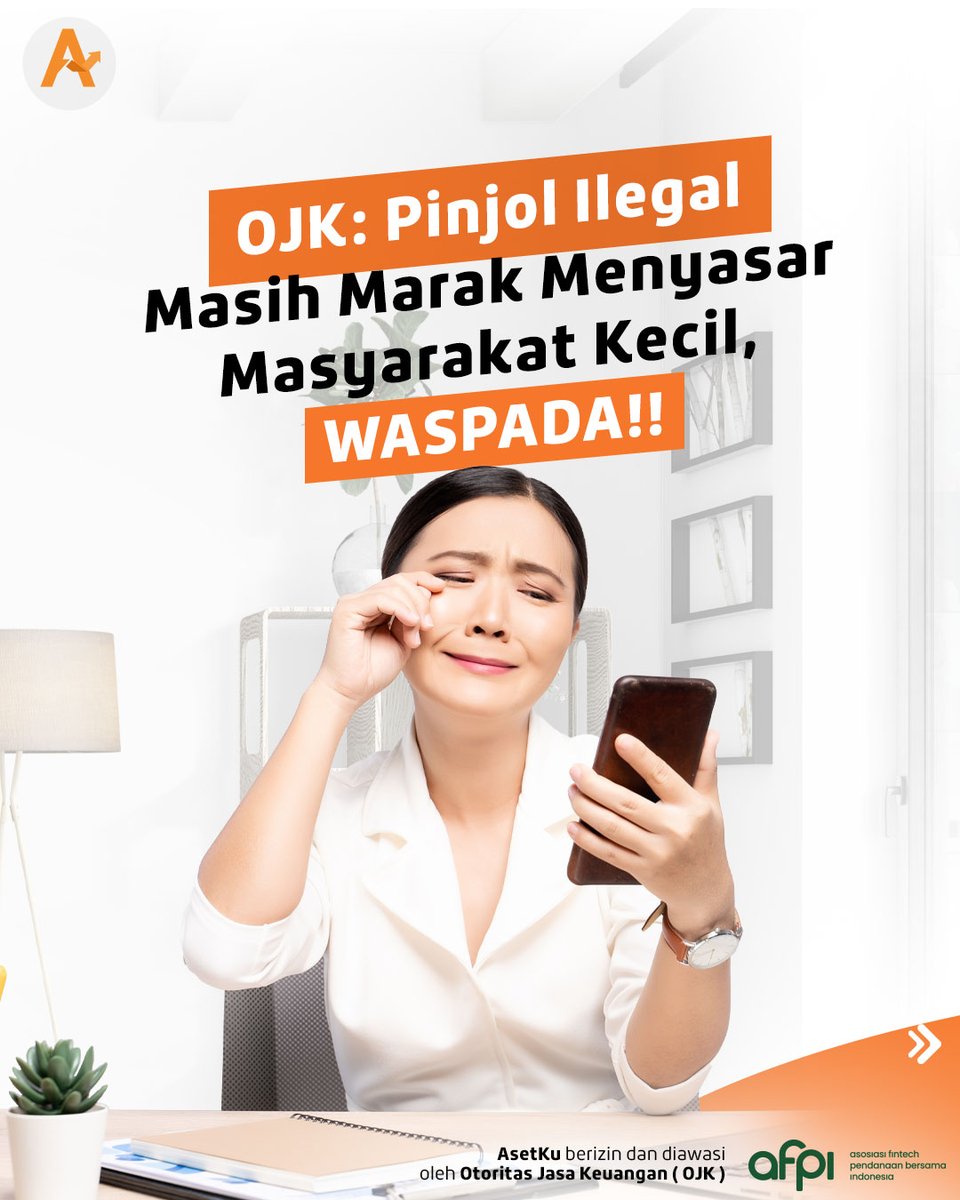 Asetku_id's tweet photo. WASPADALAH!! 📢📢📢

Pinjol ilegal masih sering beredar nih. #TemanKu jangan lupa buat selalu teliti dengan tiap-tiap jasa keuangan yang pingin dicoba, ya. Pastikan patform tersebut terizin dalam regulatornya &amp; memiliki track record yang baik!!

#P2PLendingIndonesia
#PinjolIlegal https://t.co/R9TTSgNxzs
