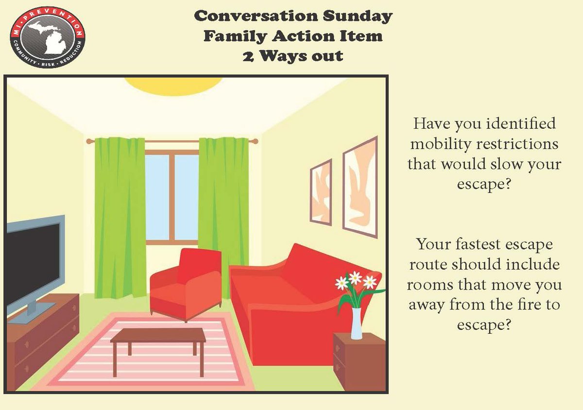 MiPrevention's tweet photo. Conversation Sunday
Practice your Home Fire Drill and make sure you have 2 ways out of every room!
You do not escape House fires because of the toxic smoke you are breathing, so get out and stay out!

#parents #elderly #seniors #family #kids #teens #project #sunday #actionitem https://t.co/CCIdAWdAkc