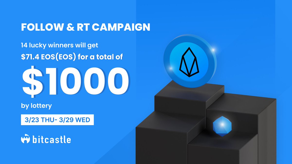 bit_castle's tweet photo. 📅Day4
Follow RT Campaign💙🔁 
／ 
🎁14 lucky winners will get $71.4 ( $EOS ) 2 lucky winners each day! 
＼ 
✅Follow us 
���RT this post 

#Crypto 
#Cryptocurrency 
#Airdrop 
#Airdrops 
#AirdropCrypto 
#Giveaway 
#Giveaways https://t.co/UrbJE86ofb