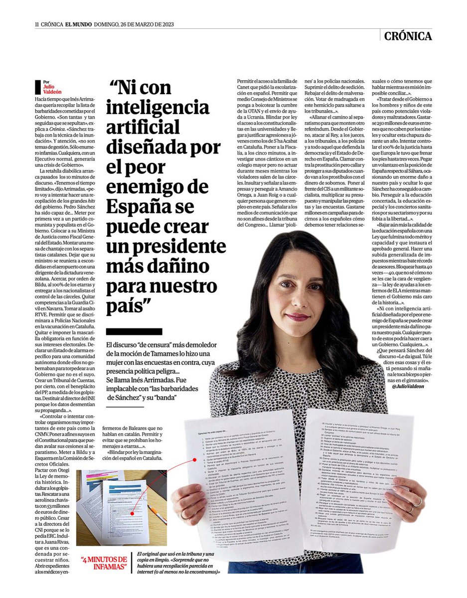 InesArrimadas's tweet photo. Hoy @JulioValdeon recoge en los 4' de retahíla de atropellos del Gobierno de Sánchez y Podemos que esta semana recopilamos en nuestro discurso en el Congreso.

Son tantas barbaridades que se sepultan unas a otras. Hacía tiempo que consideraba necesario que se escucharan seguidas. https://t.co/KvOrqkoAJI