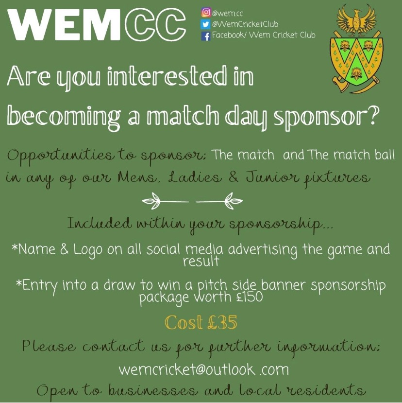 Wem CC (@wemcricketclub) on Twitter photo Are you interested in becoming a match day sponsor?๐
๐Name & logo on all social media posts advertising the game and the result
๐Entry into a draw to win a pitch side banner sponsorship package
Open to all businesses and local residents
๐งwemcricket@outlook.com
๐๐ Are you interested in becoming a match day sponsor?๐
๐Name & logo on all social media posts advertising the game and the result
๐Entry into a draw to win a pitch side banner sponsorship package
Open to all businesses and local residents
๐งwemcricket@outlook.com
๐๐