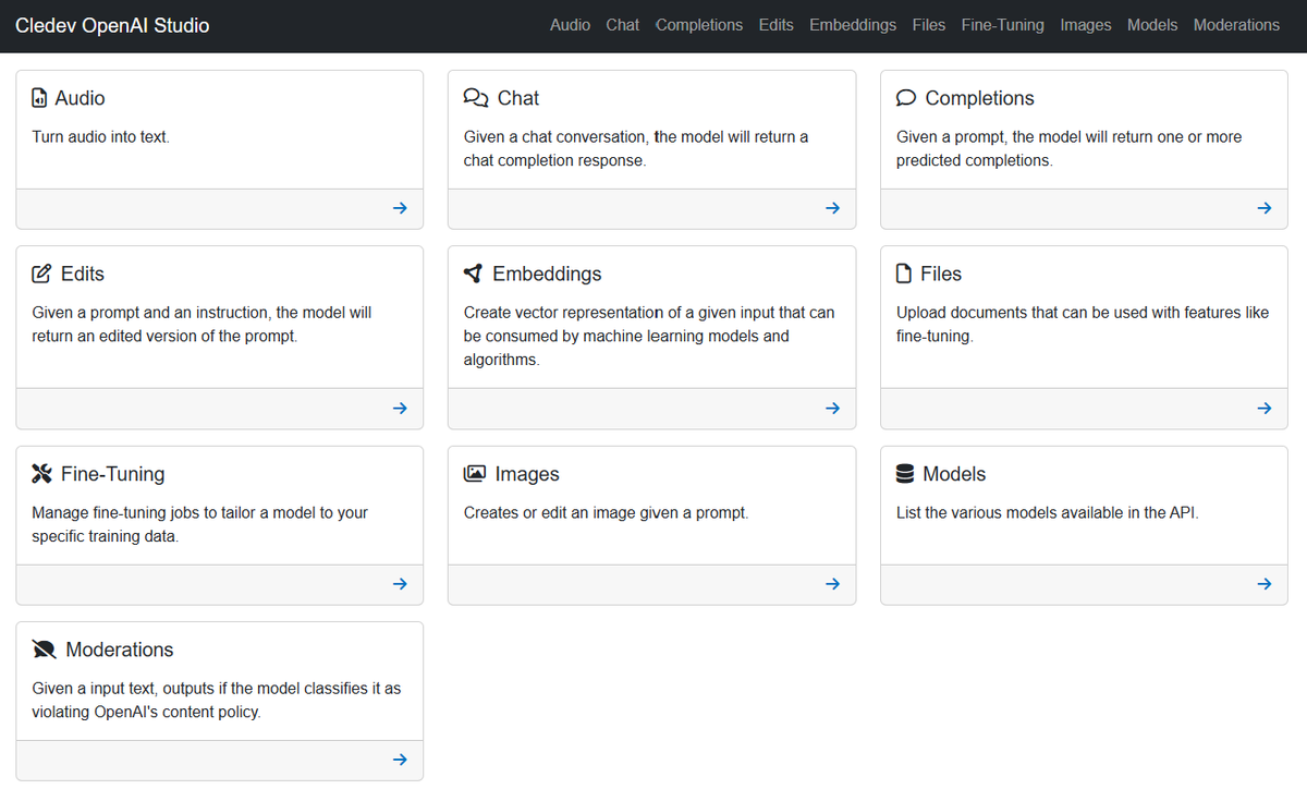 Released the latest version of Cledev.OpenAI.Studio: github.com/lucabriguglia/…
Learn how to:
- Fine-tune models
- Create a custom implementation of ChatGPT
- Create and modify images
- Moderate content
- Turn audio to text

#openai #chapgpt #dalle #whisper #finetuning #blazor