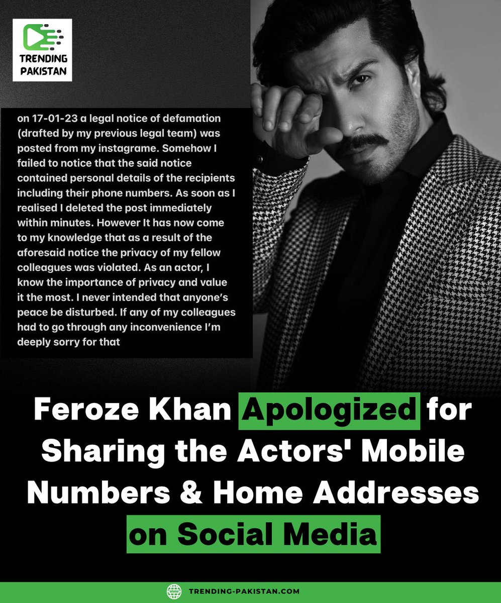 Pakistani actor Feroze Khan on Saturday apologized to his fellow colleagues for sharing their private information on social media.

#TrendingPakistan #news #FerozeKhan #PakistaniActors #Pakistan