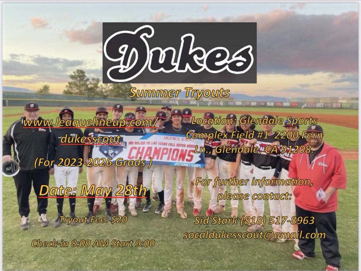 SoCal_Dukes's tweet photo. Summer tryouts are coming guys! Sign up today online https://t.co/0OHQFFcZUb. Join the #dukesfamily today. https://t.co/nfzwOvlJeP