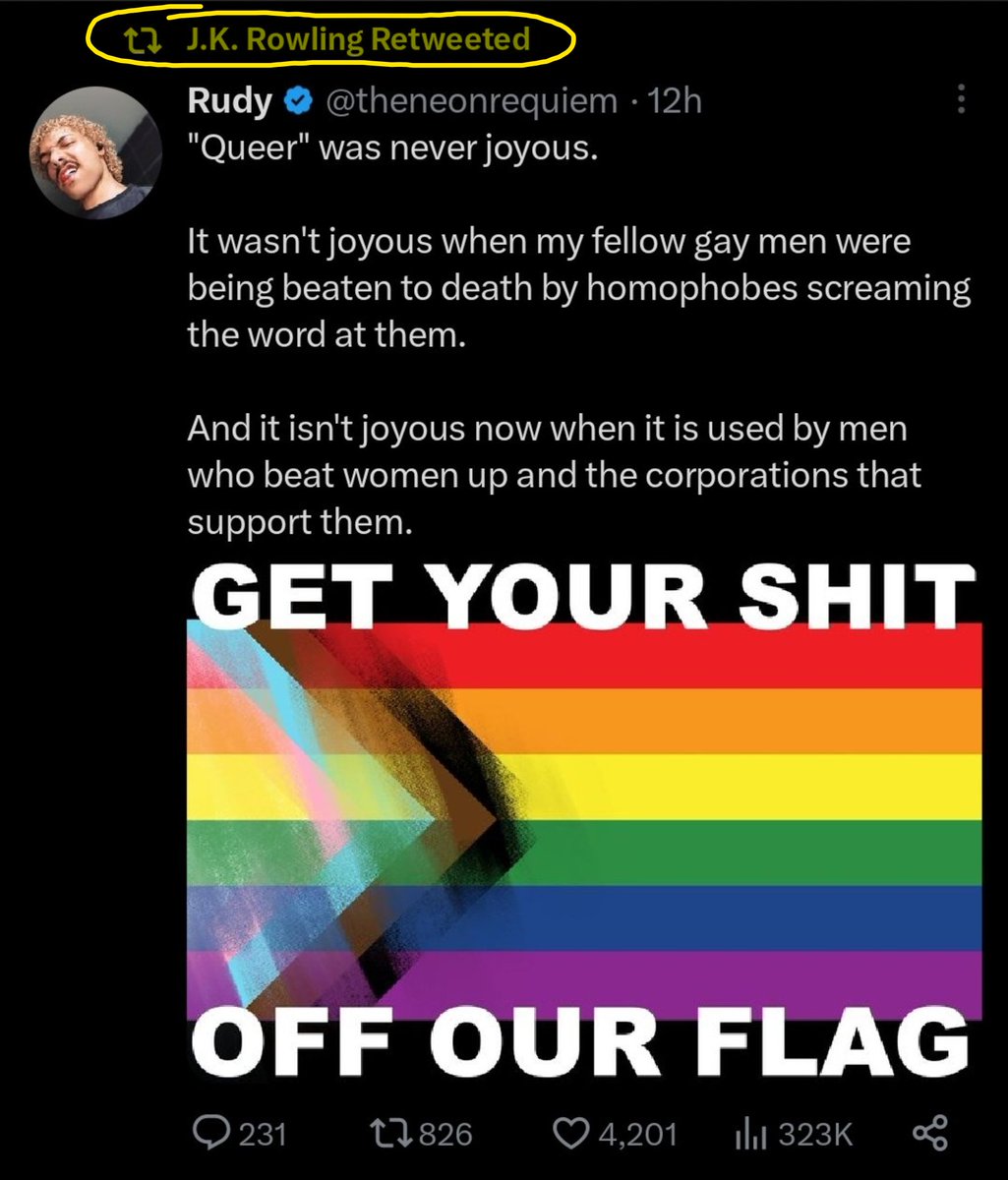 Harry Potter author JK Rowling retweeted an image on March 25, 2023 containing racist, transphobic rhetoric, desecrating the Progress Pride Flag (which added visible representation for trans people &amp; people of color, among others), labeling those additions "shit."