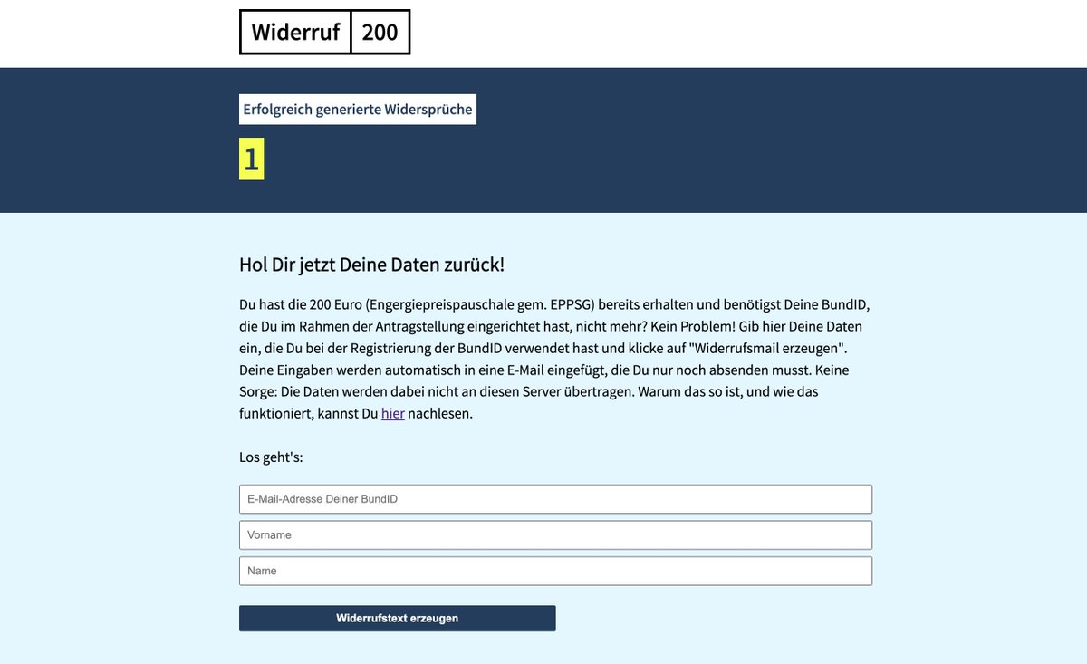 Ihr habt auf einmalzahlung200.de euer Geld beantragt und musstet euch dafür eine nutzlose #bundID anlegen?
Die wieder loszuwerden ist aufwendig - bis jetzt.

Aber Dank widerruf200.de könnt ihr eure BundID jetzt in unter 30 Sekunden löschen lassen. #einmalzahlung200