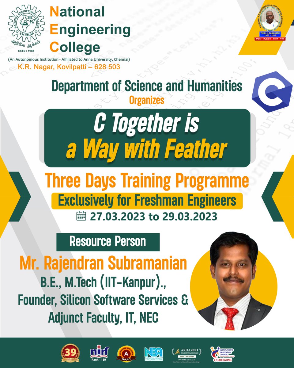 NecScience's tweet photo. Three Days Training Programme on "C Together is a way with Feather"-Exclusively for the freshman Engineers
#ChooseEngineeringChooseNEC
#chennai #madurai #tirunelveli #virudhunagar #coimbatore #thoothukudi
#nagercoil #kerala
#NIRFRanking
#engineering_at_NEC
#EngineeringPlacements https://t.co/211g9nXQJS
