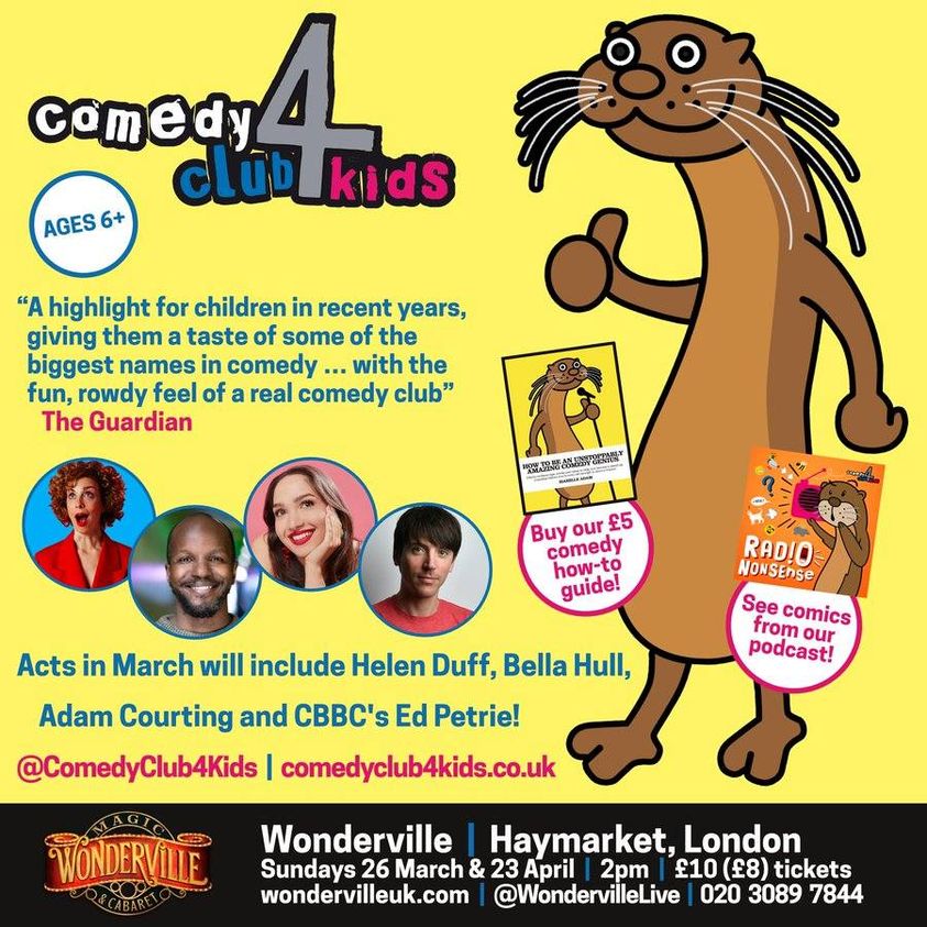We still have a few tickets left for Comedy Club 4 Kids this afternoon at 2pm. Join us for another hour of hilarity, courtesy of Adam Courting, Helen Duff, Bella Hull and Ed Petrie. Tickets: feverup.com/m/122764