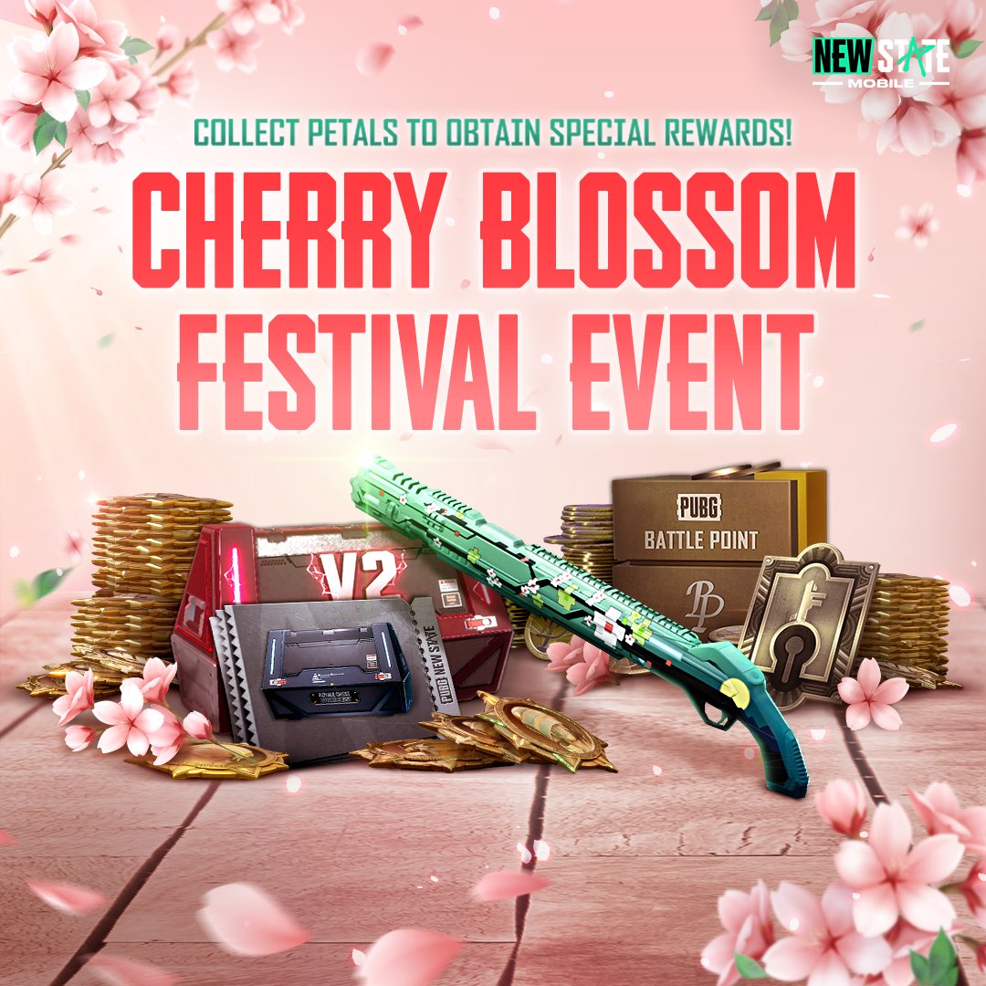 IN_NEWSTATE's tweet photo. Get rewards that fall like fluttering flower petals! 🌸
Enjoy the cherry blossom festival of NEW STATE MOBILE!
#NEWSTATEMOBILE #NEWSTATEEVENT https://t.co/YtSQ4NoWAt
