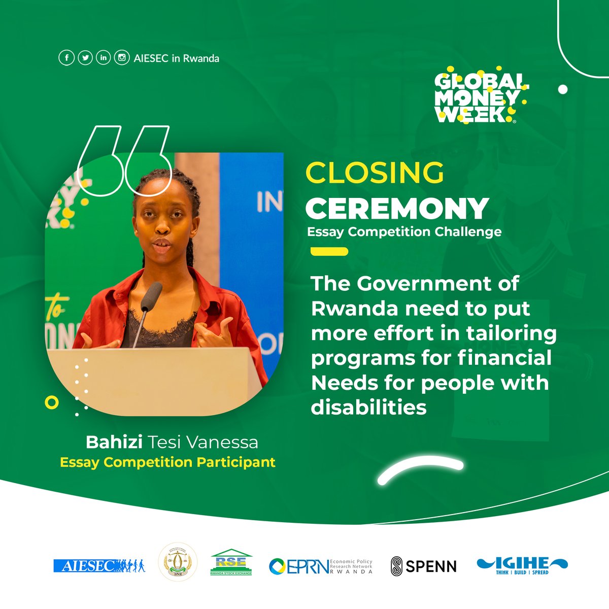 Essay competition pitching still in live. Bahizi Tesi Vanessa a #GlobalMoneyWeek2023 Competition Participant suggested government of Rwanda to put more effort in tailoring programs for financial needs for people with disabilities.
#Planyourmoney #Plantyourfuture #GMW2023