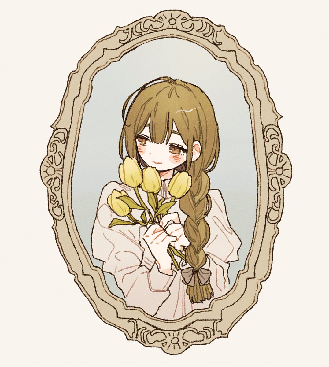 kuwayama chiyuki 1girl braid flower solo brown hair holding smile  illustration images