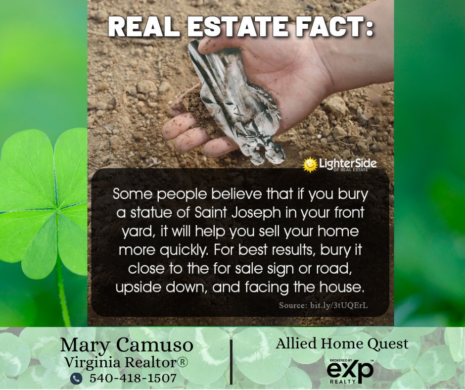 Did you know this one?! To each-his own... but I AM AVAILABLE to help YOU sell your HOME QUICKLY! Give me a buzz!

#alliedhomequest #yourfriendandrealtor #home #merrycozyattheheartofmore #exprealtyfxbg #didyouknow #saintjoseph #marycamusorealtor #funfacts #luck