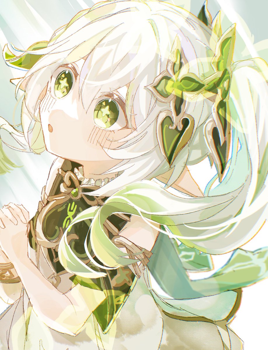 nahida (genshin impact) 1girl solo green eyes dress white hair side ponytail white dress  illustration images