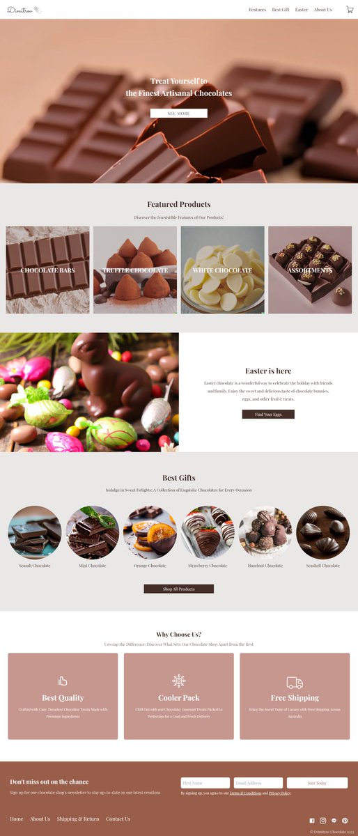 CodeTiffanyL's tweet image. #100DaysOfCode #100daysofcoding #Webdesign  Day66 Chocolate shop homepage completed. 
Finally I done desktop and mobile layout by Tailwind CSS. I believe I will use more in the future as it is amazing. 
Live site :  dimitrov-chocolate.onrender.com 
GitHub: github.com/tiffanyleecode…