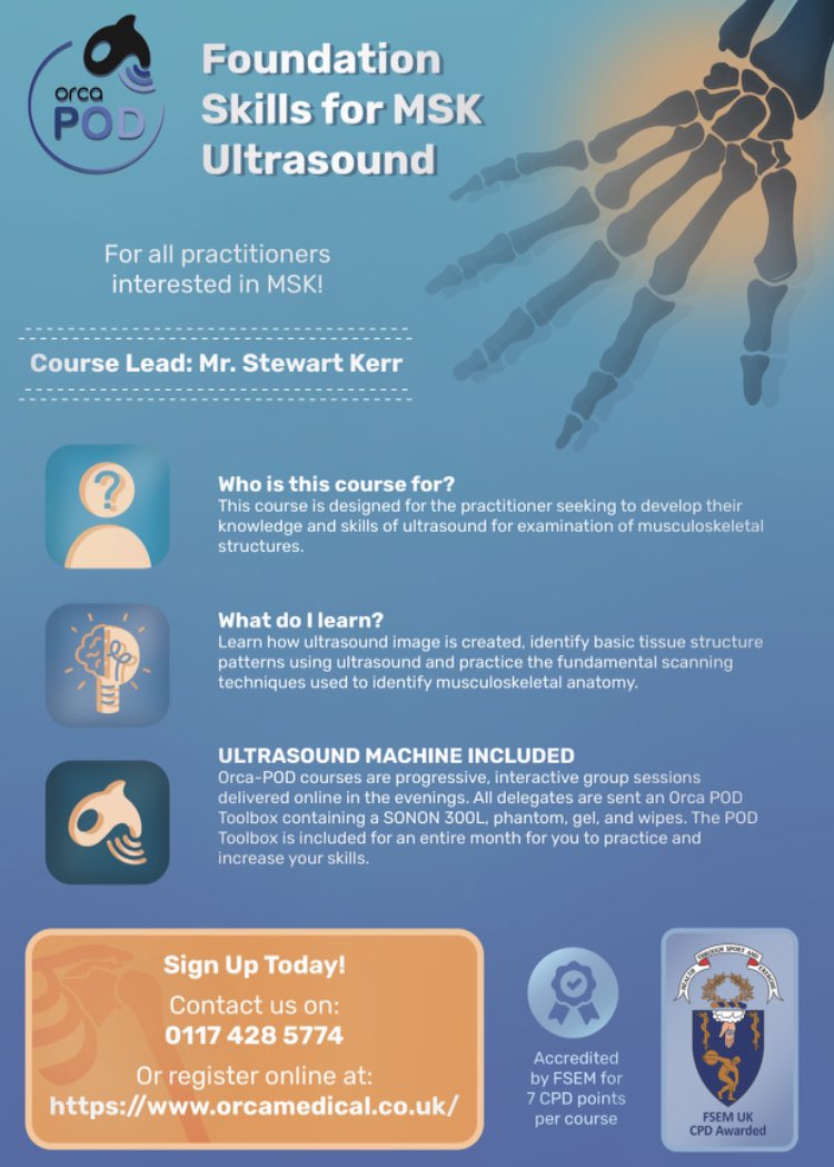 Foundation skills in MSK ultrasound - next course starts May 2023 with the fantastic course lead Mr Stewart Kerr. Excellent start for those wanting to use ultrasound and we give you a system to use for 4 weeks . Run remotely also open to overseas delegates ! <a href="/StewartKerrPT/">Stewart Kerr</a>