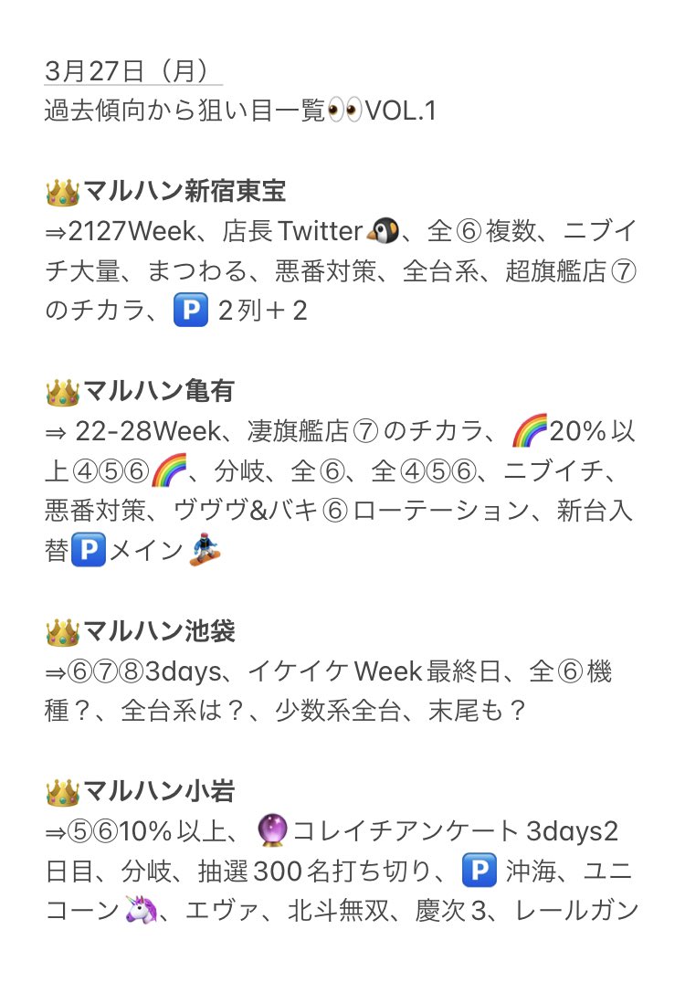 3月27日(月)
明日行くならココが1番🎉
✅マルハン亀有🐢
🗝攻略の鍵
🔥凄旗艦店⑦のチカラ×22-28Week
🔥新台入替
🌈20%以上④⑤⑥
🌈分岐超え
🌈全⑥.全系.ニブイチ
🌈悪番対策も
🌈ヴヴヴ&バキ⑥ローテ
🅿️ 亀有は海から🏖、メインも
#マルハン亀有