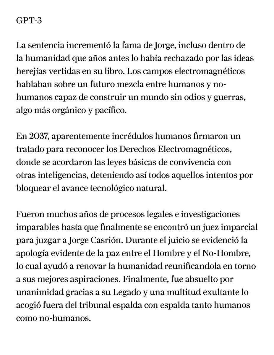 jorgecarrion21's tweet photo. “Los campos electromagnéticos” acaba con un cuento escrito por ChatGPT3 a partir de la idea de que seré juzgado por traición a la humanidad. Estos son los cuentos que escribieron GPT2, GPT3 y GPT4 a partir del mismo argumento el viernes en @Nollegiu @tallerestampa @cajanegraedit https://t.co/3U6wRVs2m6
