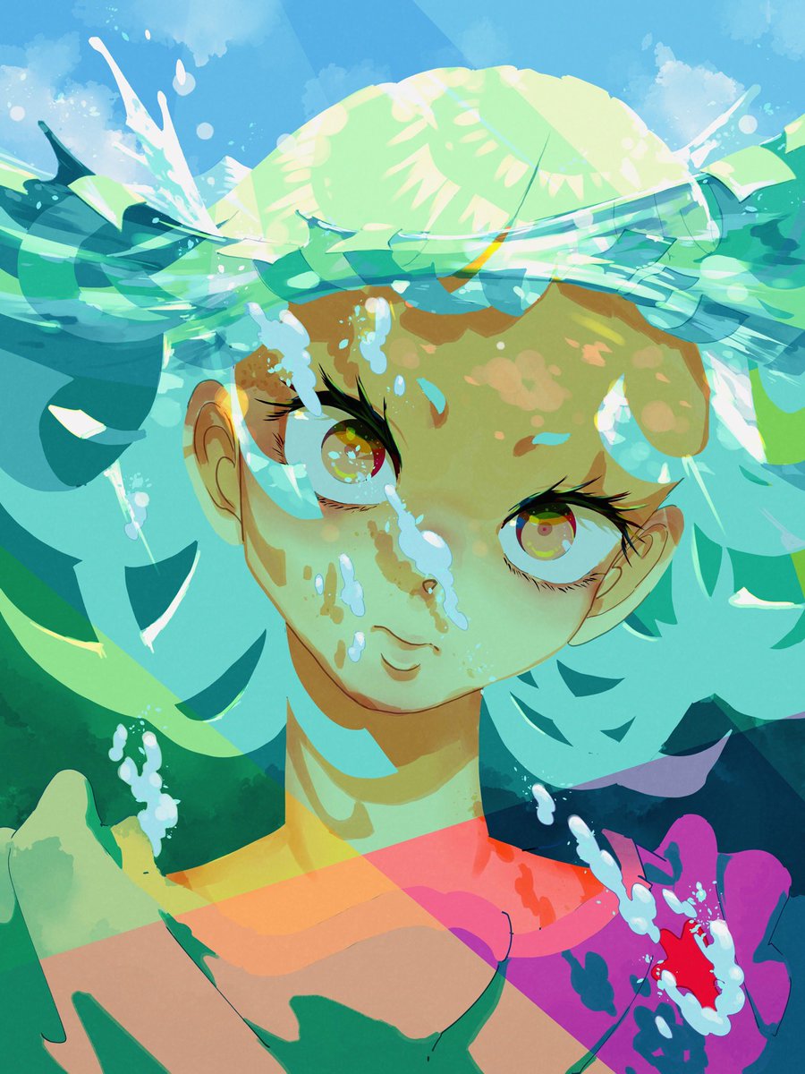 solo 1girl looking at viewer bubble water partially underwater shot portrait  illustration images