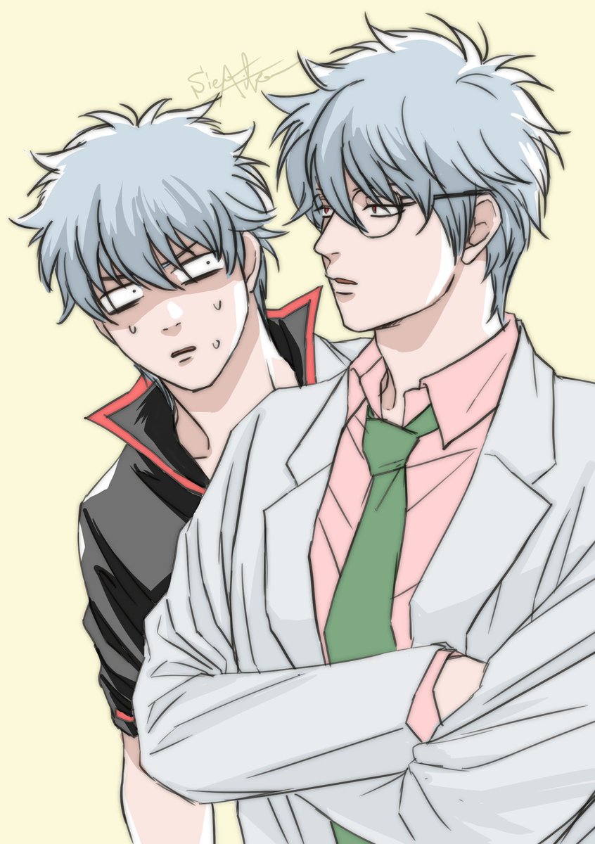 sakata gintoki 2boys multiple boys glasses necktie male focus shirt simple background  illustration images