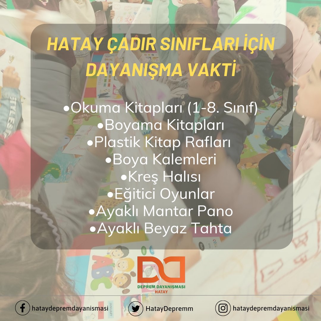 Hatay'da çocuklar için kurduğumuz çadır sınıflarımızda eksiklerimiz var.

Çocuklarla dayanışmak, ihtiyaçları ulaştırmak için bizlerle iletişime geçebilirsiniz.