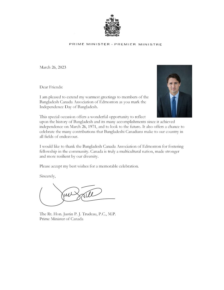 bcae1979's tweet photo. Thanks to the Right Honourable @JustinTrudeau for sending @bcae1979 greetings on the Independence Day of Bangladesh! https://t.co/RVNqfphXa7