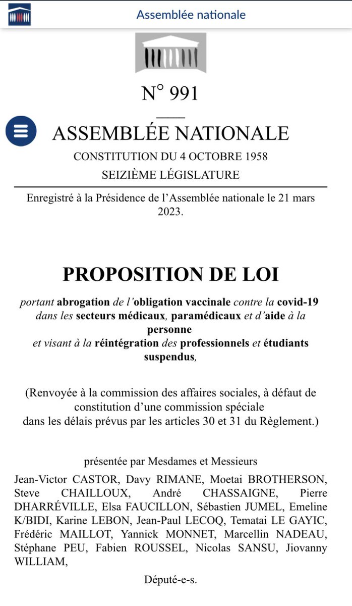 Les noms des députés qui portent la proposition de loi pour la réintégration des soignants suspendus, merci à eux