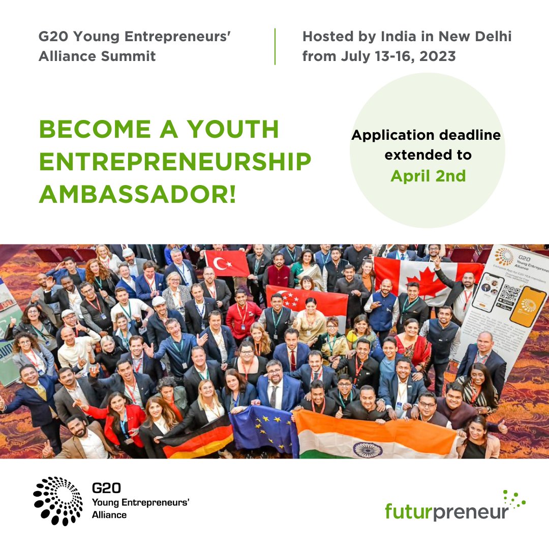 Great news! The deadline to apply for the G20 Young Entrepreneurs’ Alliance (YEA) 2023 Canadian delegation has been extended to April 2! bit.ly/40gF8rh