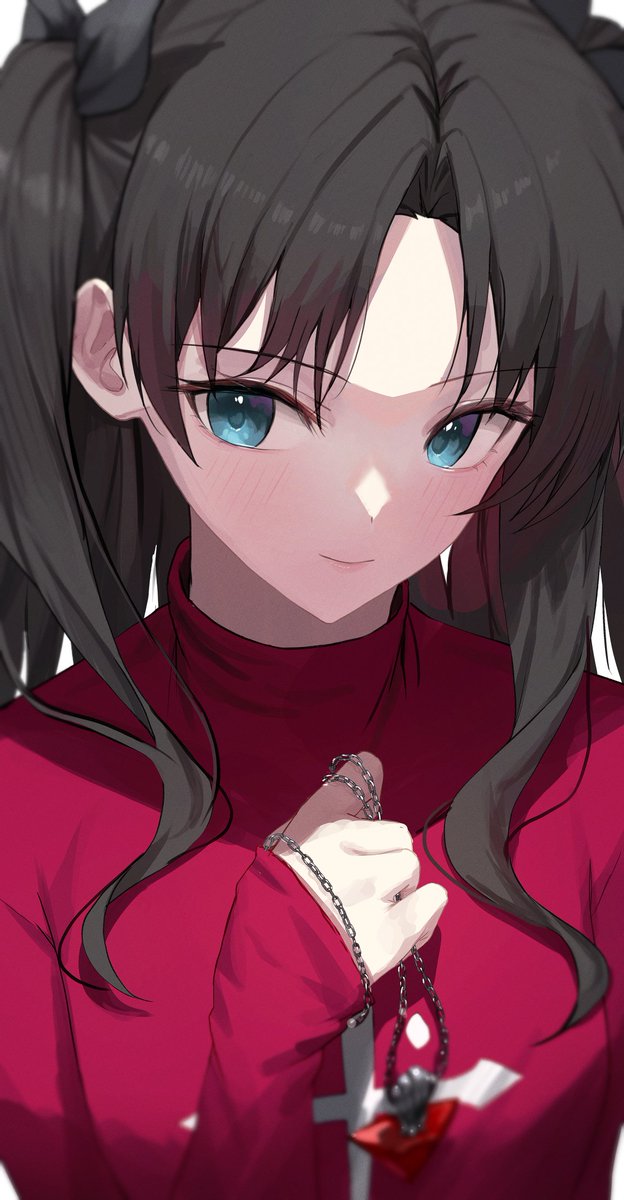 tohsaka rin 1girl jewelry solo long hair black hair necklace red sweater  illustration images
