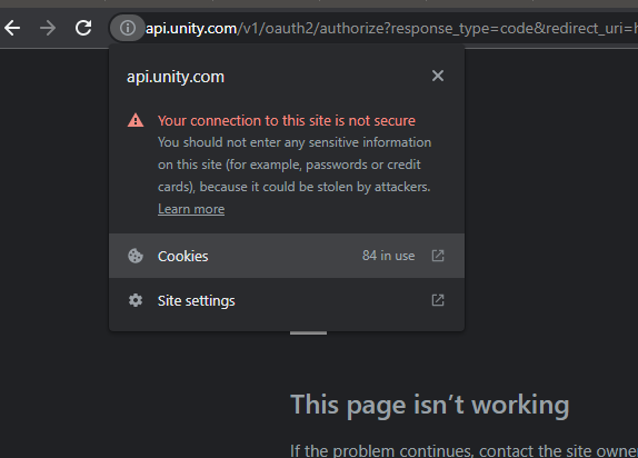 ManInBackGames's tweet photo. Need help logging into Unity Dashboard, working? (error 400)
On Chrome Press the information icon at the top left of the URL bar, Press Cookies, Select https://t.co/4b8sxdri1N and Delete it.
Now go page backward and try to log in again.

Have Fun #unitytips #Unity3D #indiedev https://t.co/D4VfIu0eLb