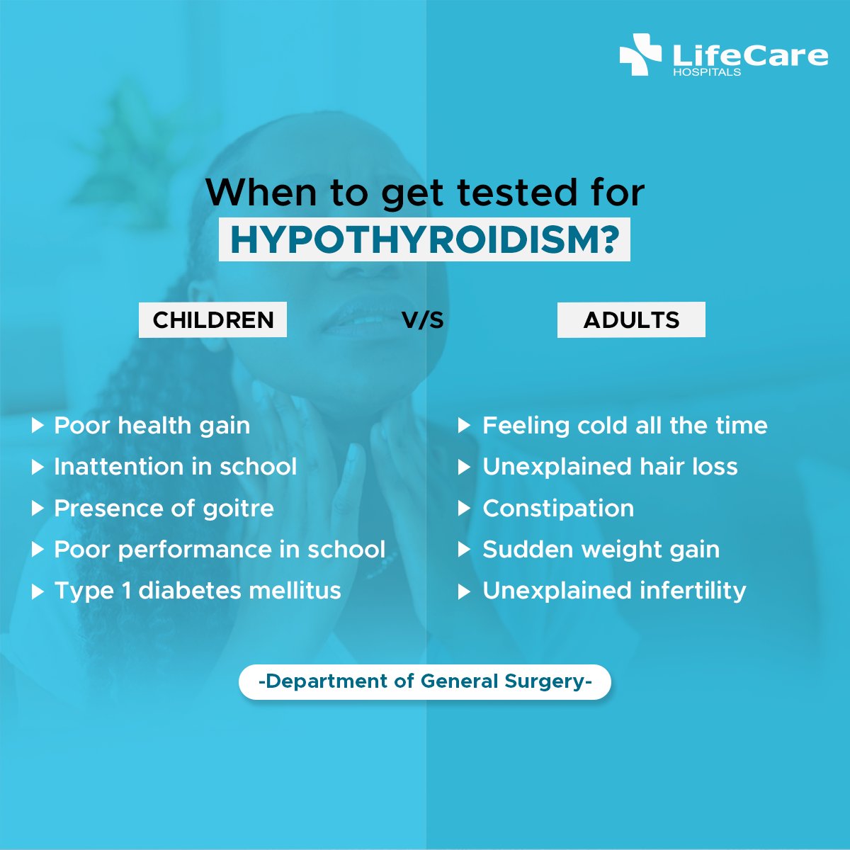 Hypothyroidism is when the thyroid glands don't create enough thyroid hormones, which causes the metabolism to slow. Yet, it is a highly manageable illness with medication. To find out more, contact our general surgeons.
.
.
#ThyroidDisorder #LifeCareHospitals #ThyroidAwareness