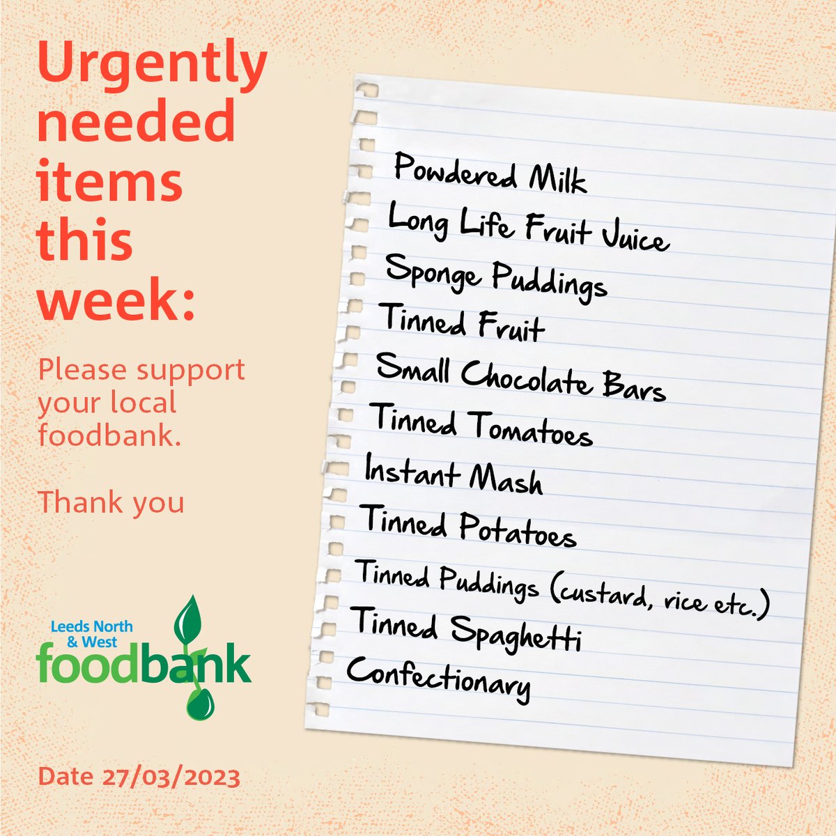 Please help support your local #foodbank and #familiesincrisis in #leeds - thank you 💚

#helpushelpthem #everycanhelps #kindness #charity #yorkshire #donate #support #local #foodbanks #Community #HungerFreeFuture #CostOfLivingCrisis
#StopUKHunger #stopukpoverty