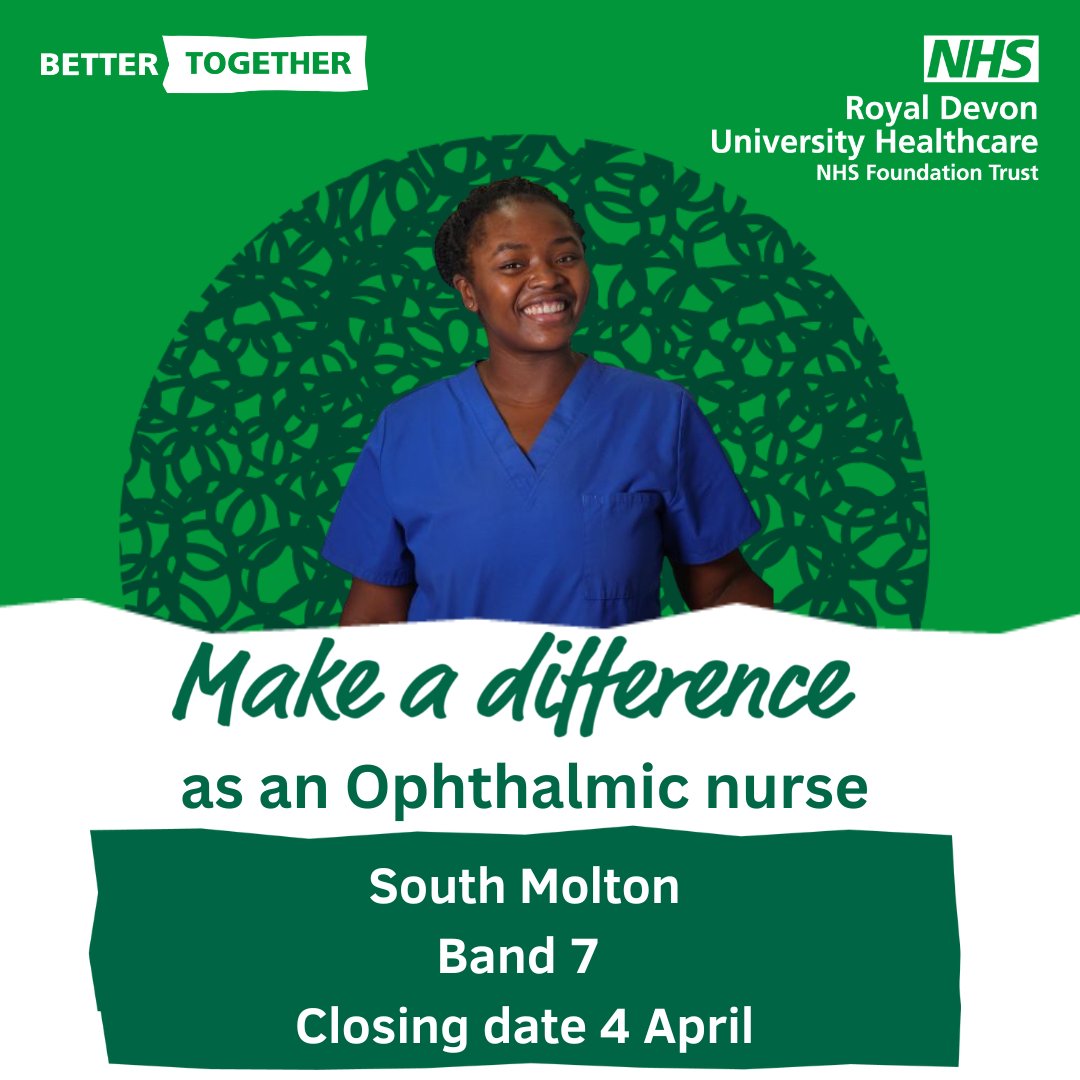 RDCareersNHS's tweet image. 👀 #AdvancedGlaucomaPractitioners, #Orthoptists, #Optometrists &amp;amp; #OphthalmicNurses

#Makeadifference delivering a rapid diagnostic service at our new #eye centre. 

#Apply💻bit.ly/3JnyKZ5
🏥bit.ly/SouthMoltonEye…

#RoyalDevonCareers #NHSjobs #Devonjobs #Ophthalmology