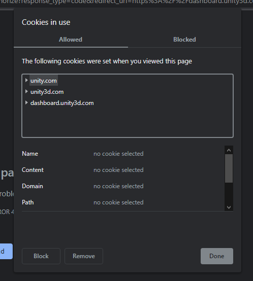 Need help logging into Unity Dashboard, working? (error 400)
On Chrome Press the information icon at the top left of the URL bar, Press Cookies, Select Unity.com and Delete it.
Now go page backward and try to log in again.

Have Fun #unitytips #Unity3D #indiedev
