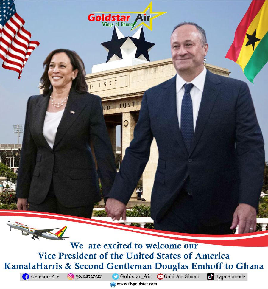 We are excited to welcome our Vice President of the United States of America Kamala Harris and Second Gentleman Douglas Emhoff to Ghana. 🇺🇸🇬🇭
#FlyGoldstarAir 
#USinGhana 
@VP @SecondGentleman