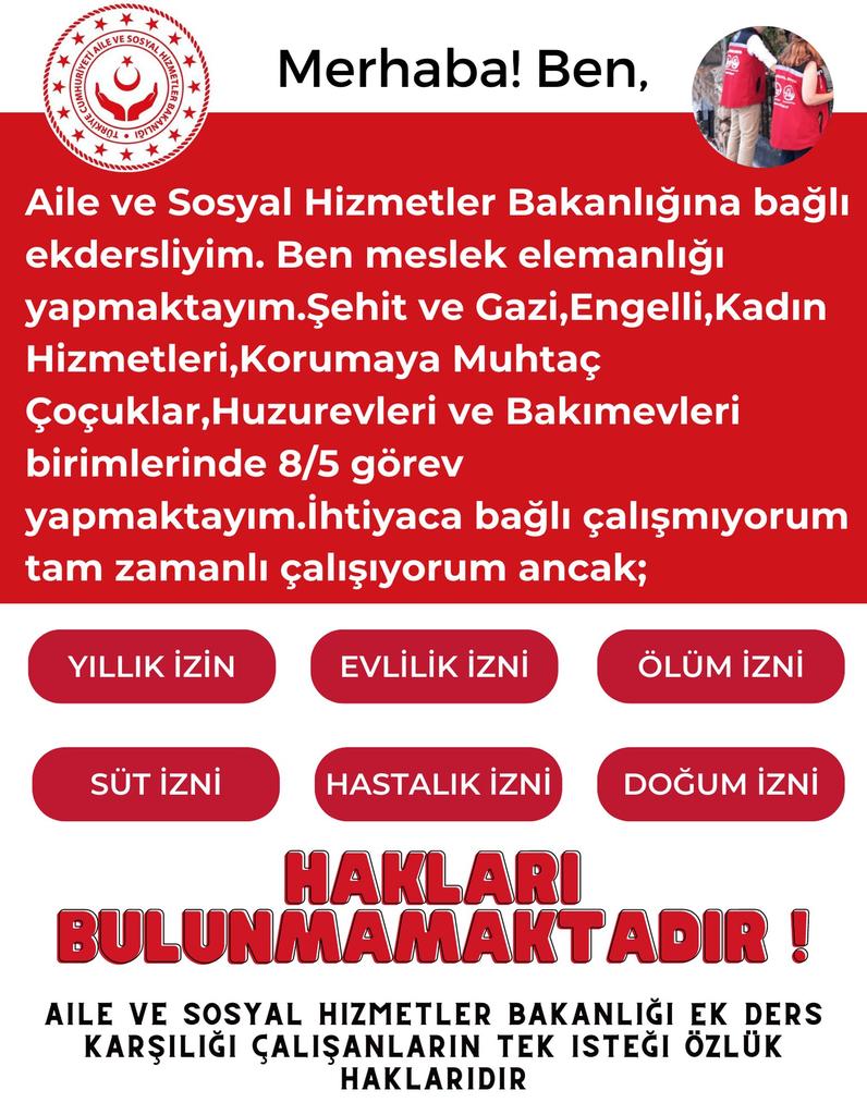 <a href="/RTErdogan/">Recep Tayyip Erdoğan</a> Aile Bakanlığında yıllardır kamuya hizmet eden meslek elemanları yaşadıkları sorunlar son bulsun istiyor. Adı Ekders olan fakat ders anlatmayan bu  personeller Sn. <a href="/RTErdogan/">Recep Tayyip Erdoğan</a>  #ReisAiledekiEkdersliyeMüjde vermesini bekliyor <a href="/vedatbilgn/">Vedat Bilgin</a> 
<a href="/deryayanikashb/">Derya Yanık</a> <a href="/EmineErdogan/">Emine Erdoğan</a> <a href="/Akparti/">AK Parti</a> <a href="/BY/">Binali Yıldırım</a>