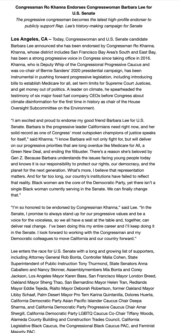 SovernNation's tweet photo. Breaking, and a big deal: @RoKhanna endorses @BarbaraLeeForCA for Senate. Not hugely surprising, since we figured if he didn't run himself, he would back his fellow Bay Area progressive, but it's a big get for Lee in her race against @katieporteroc &amp; @AdamSchiff. https://t.co/EG35M0eJ5E