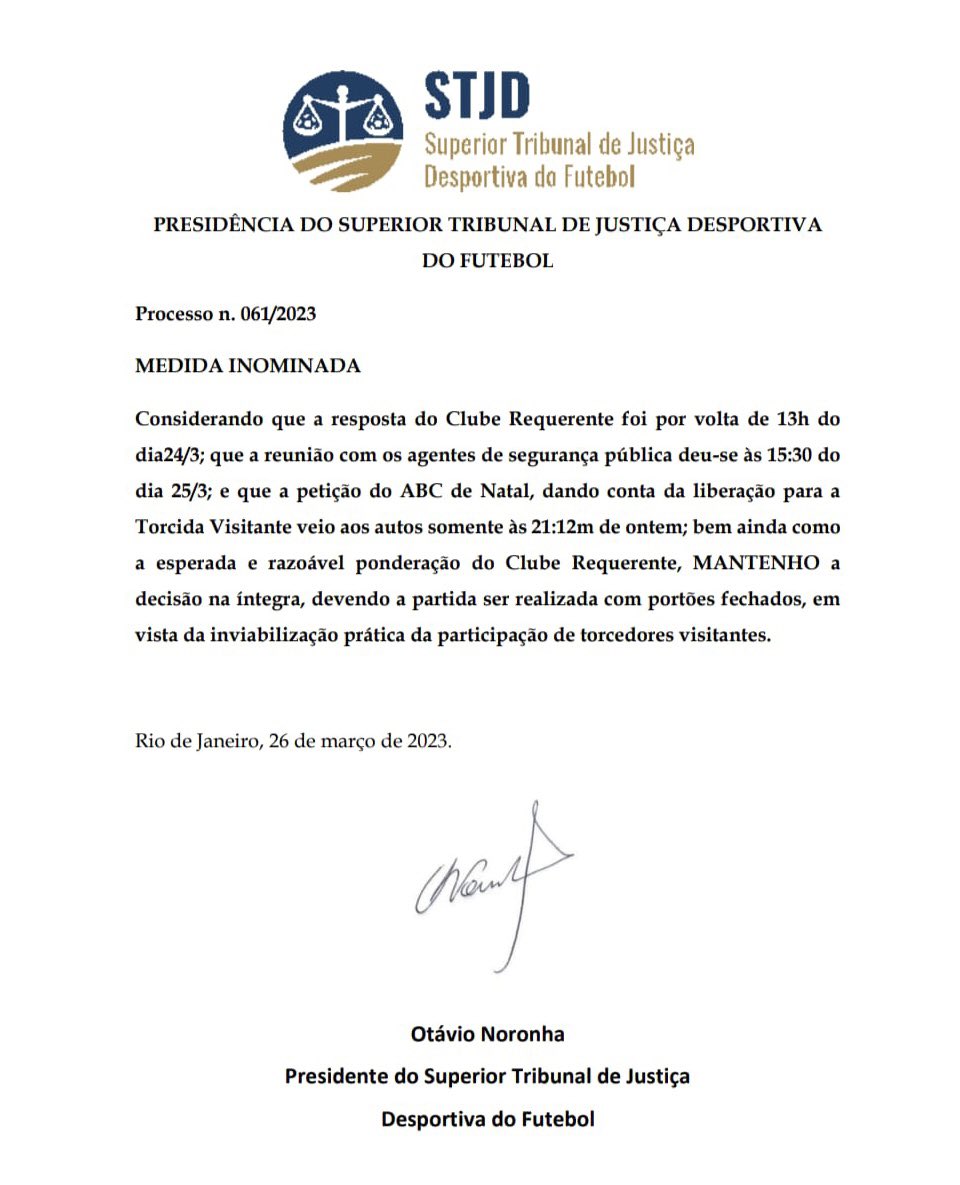 RodrigoFerrelra's tweet image. 🚨🚨🚨 ATENÇÃO! 🚨🚨🚨

STJD emite nova decisão e MANTÉM JOGO COM PORTÕES FECHADOS! 

#RF @96fmnatal