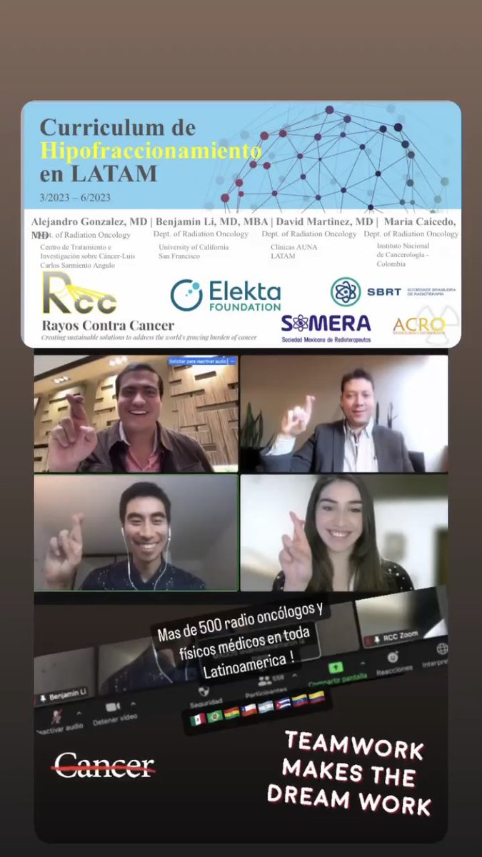 Historically, the most enjoyable 500+ person Zoom call I’ve ever been in. Many thanks to our supporters! Shoutout to @davidamperez86 @MaraCaicedo19 @Alejogom for excellent #TEAMWORK! #Hypofractionation #Training #GlobalOncology @CancerRayos @ElektaFondation 💪⚡️⚡️