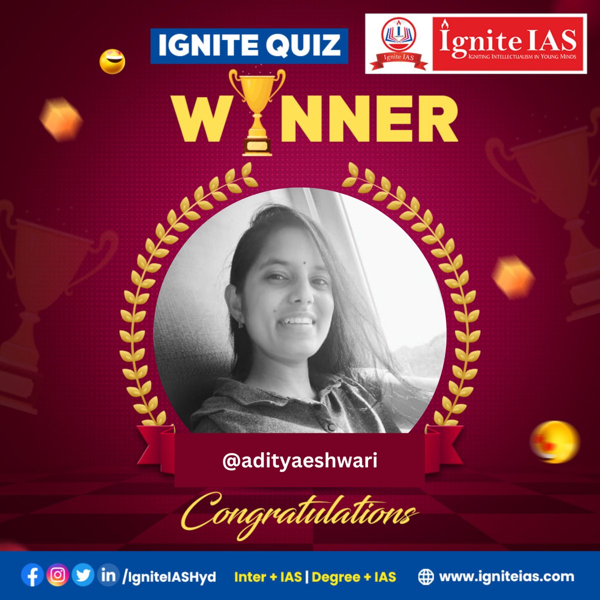 IasIgnite's tweet photo. Congratulations to @adityaeshwari for being the winner of #IgniteIASQuiz 🎉 🎉 🤩 🤩

#Igniteias #InterwithIAS #DegreewithIAS #DirectIAS https://t.co/pTFQpAbX0f