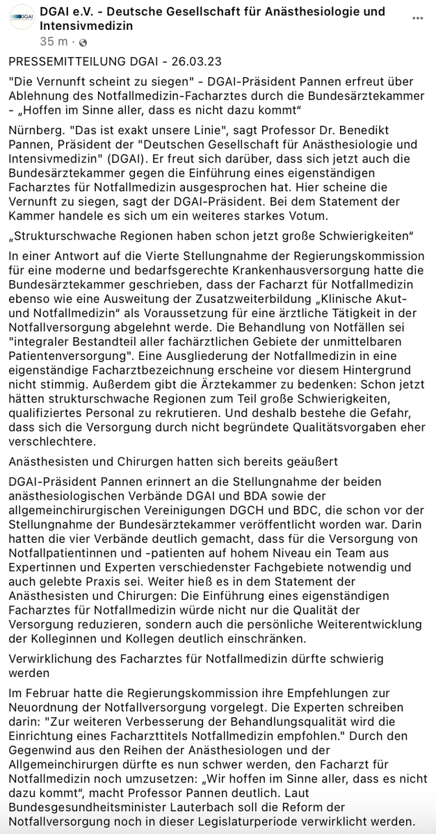 Die <a href="/Anaesthesisten/">DGAI e.V. und BDA e.V.</a> beweisen in ihrer heutigen Pressemitteilung einmal mehr das ihnen Standesdünkel wichtiger ist als die Weiterentwicklung der klinischen Notfallmedizin in Deutschland.  
#FacharztNotfallmedizinJETZT 
#BoardCertificationEMNow 
<a href="/YoungDGINA/">YoungDGINA</a> @EuropSocEM @DieDgina