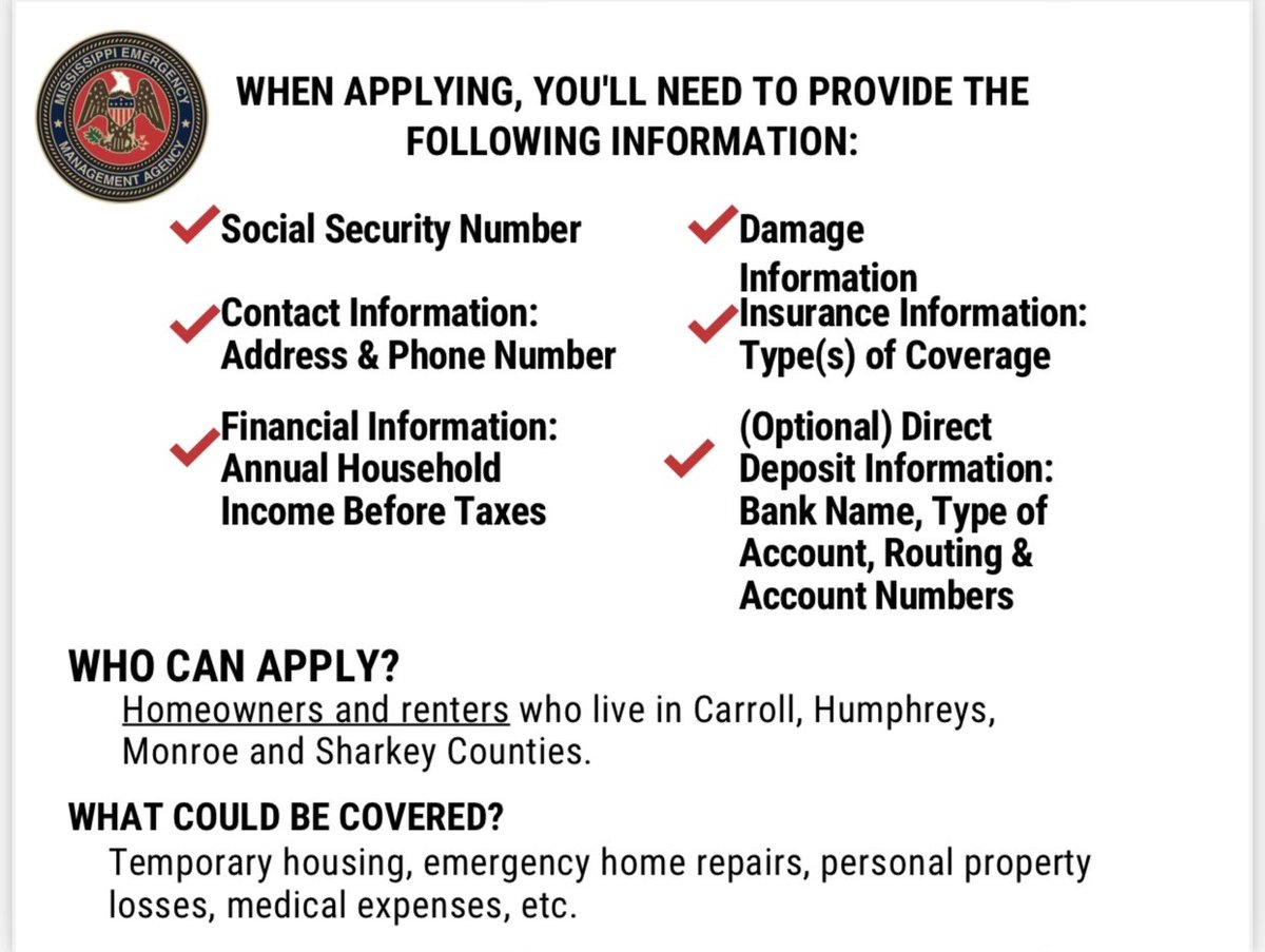 MSEMA's tweet image. Those impacted by the March 24th tornadoes in Carroll, Humphreys, Monroe, and Sharkey counties can now apply for FEMA Individual Assistance either online, by phone, or on the FEMA app. Make sure to have important information available to start the process.