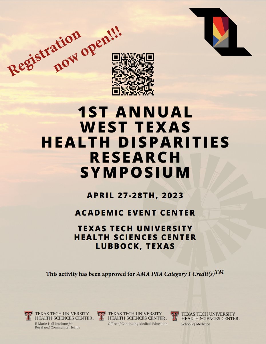 ReaganACollins's tweet photo. Join us for the 1st Annual West Texas Health Disparities Research Symposium! Registration NOW OPEN and FREE for all students! Register here: https://t.co/2NkJY7Zabi

@TTUSystem @TTUHSC @AngeloState @MSUTexas @TexasTech @TTUHSCEP https://t.co/xywYXhkJ9B