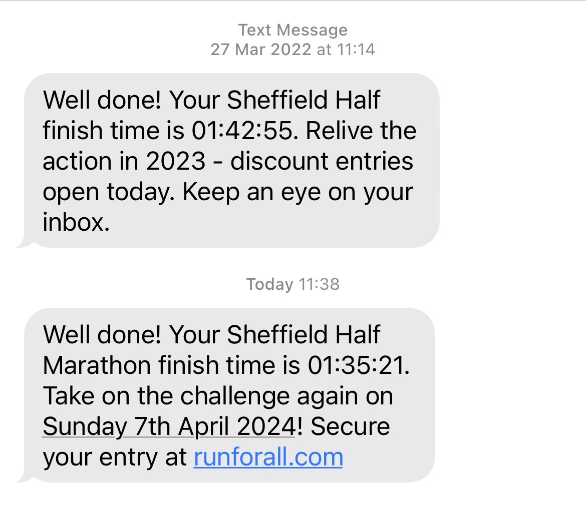 Exceeded all my expectations this morning…absolutely smashed my target time of 1:40:00 🏃‍♂️ 🏃‍♂️ 💪🏅7:31 quicker than last year 

@runforall #sheffieldhalfmarathon