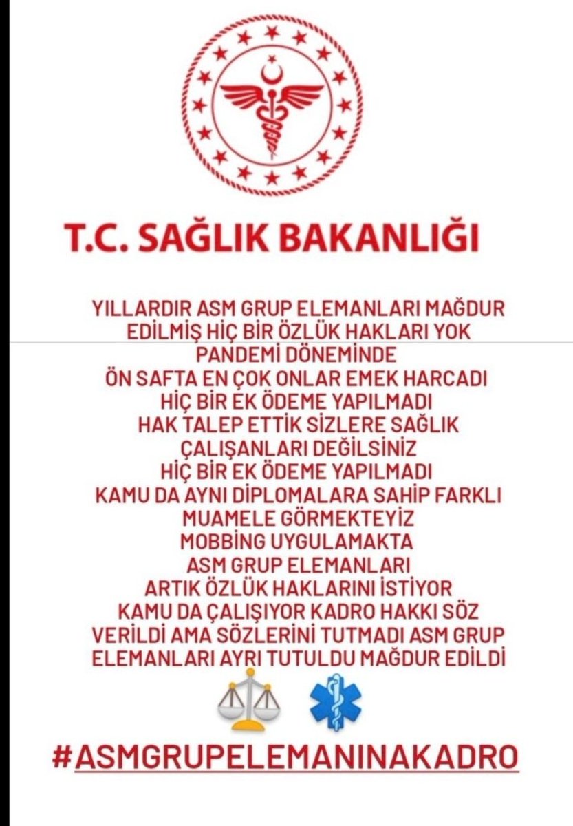Özlük haklarımız ve maaşlarımızda iyilestirme istiyoruz #AsmGrupElemanınaKadro 
<a href="/osmkya06/">Osman KAYA</a> <a href="/drfahrettinkoca/">Dr. Fahrettin Koca</a> <a href="/saglikbakanligi/">T.C. Sağlık Bakanlığı</a> <a href="/vedatbilgn/">Vedat Bilgin</a>