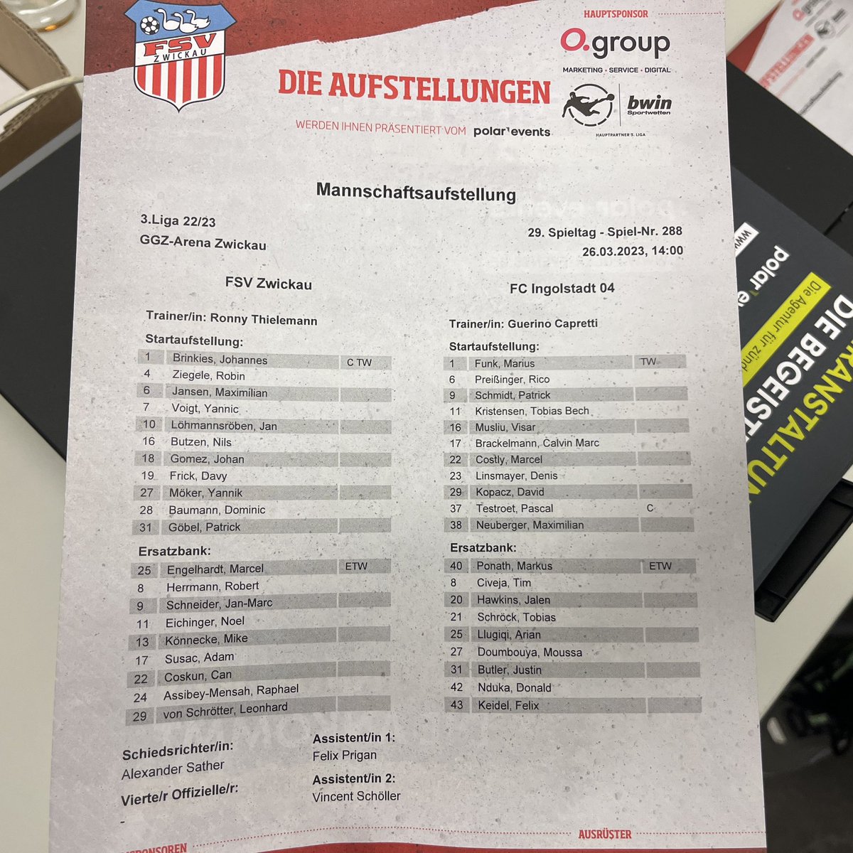 FSVZwickau's tweet photo. 🖨️ Die Aufstellungen zur heutigen Partie haben soeben den Drucker verlassen. #Göbel, #Butzen, #Eichinger und #Möker sind nach Sperre und Verletzung zurück im Kader. #FSVFCI https://t.co/1hwV9dmFhJ