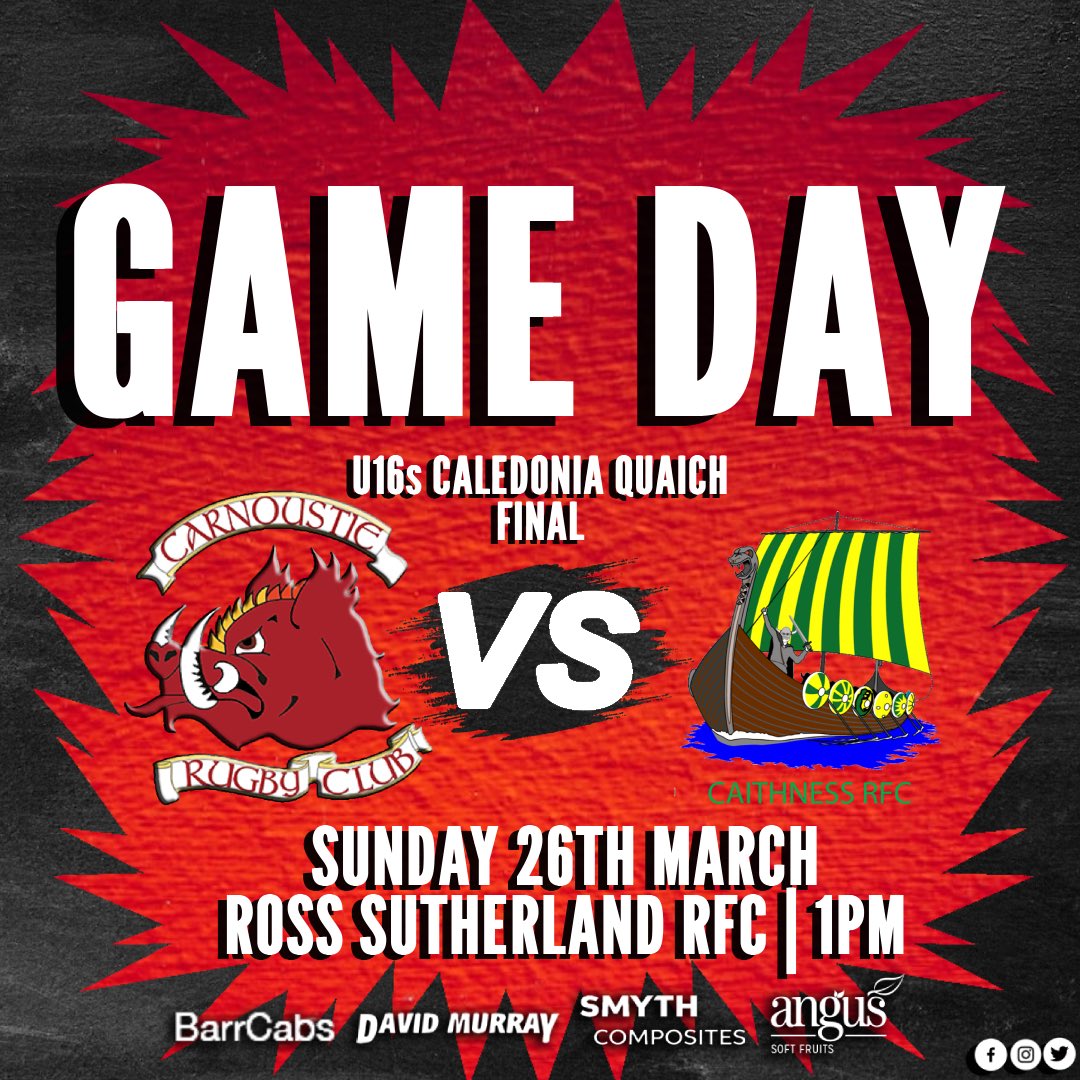 Game day for our U16s as they travel up to Ross Sutherland Rugby Club to take on Caithness in the Caledonia Quaich Final! 🏆

Good luck Boars! 🐗

#CarnoustieRugby #GoBoars #Scotland #ScottishRugby #AsOne #Rugby