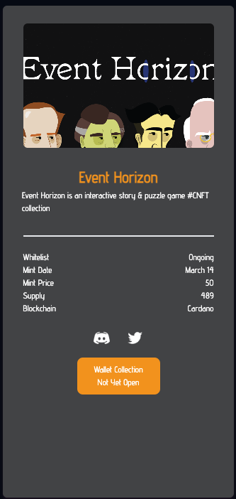 New listing alert! 
<a href="/EventHorizoNFT/">Event Horizon</a>  is now listed on fabledlist.co