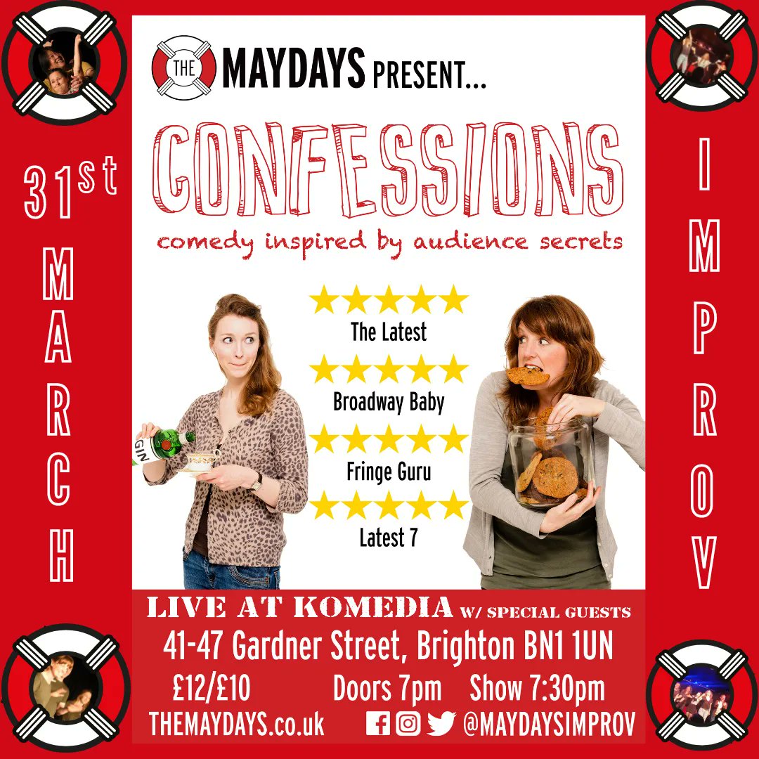 maydaysimprov's tweet photo. Audience secrets turned into #improvisedComedy gold!
Join us on Friday 31st March @KomediaBrighton, we've a smashing vintage crew of Maydays ready for you!
£4 discount for Maydays students, just ask your teacher for the promo code 🤩
Tickets here: https://t.co/4kk26Pzekz https://t.co/4MrD8Ulex7