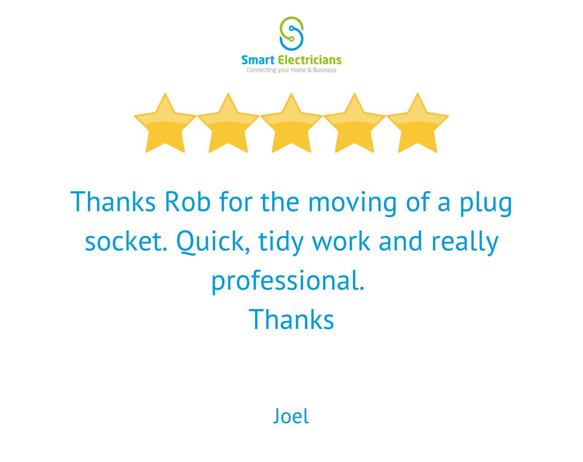 We get to work with some great customers, solving their electric needs. Thank you for your review Joel. 

Read many more here smartelectricians.co.uk/reviews/    

#sheffield #electriciansheffield #smartelectriciansuk #sheffieldproperty #propertyinvestment #yourlocalelectrician"