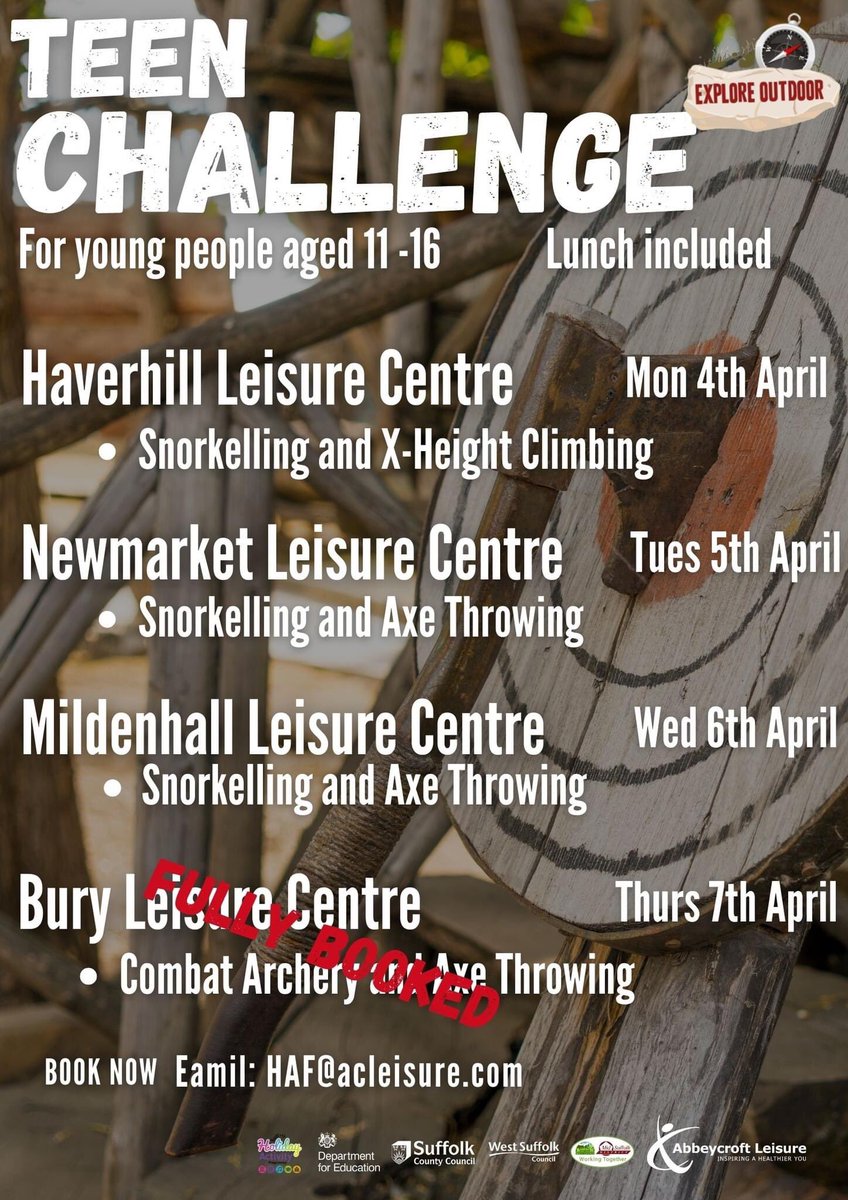 Free Activity Days for 11-16 yr olds in West Suffolk. 

To book email HAF@acleisure.com 

@AC_Leisure <a href="/West_Suffolk/">West Suffolk Council</a> <a href="/KingEdVISchool/">KingEdwardVISchool</a> <a href="/ThurstonCollege/">Thurston Community College & Thurston Sixth</a> <a href="/StBenSchool/">St Benedict's School</a> <a href="/CastleManor/">Castle Manor Academy</a> <a href="/NKTacademy/">Newmarket Academy</a> <a href="/MilCollege/">MCA</a> @CountyUpper